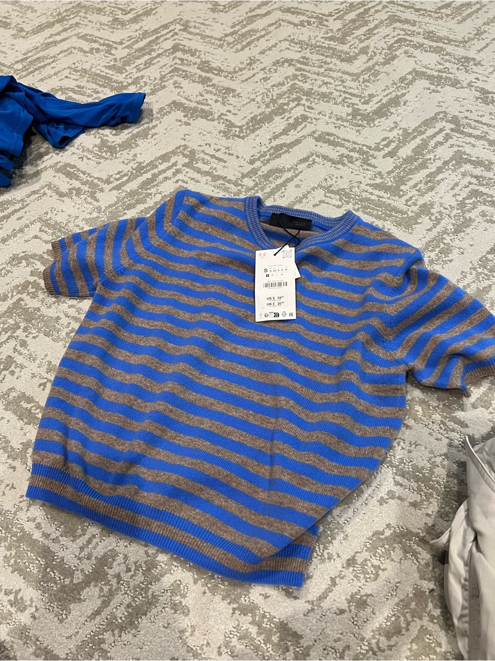 Zara Blue and Brown Striped Short Sleeve Sweater